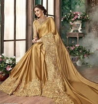 Lycra Embroidery Golden Saree for Wedding/ Partywear - Golden